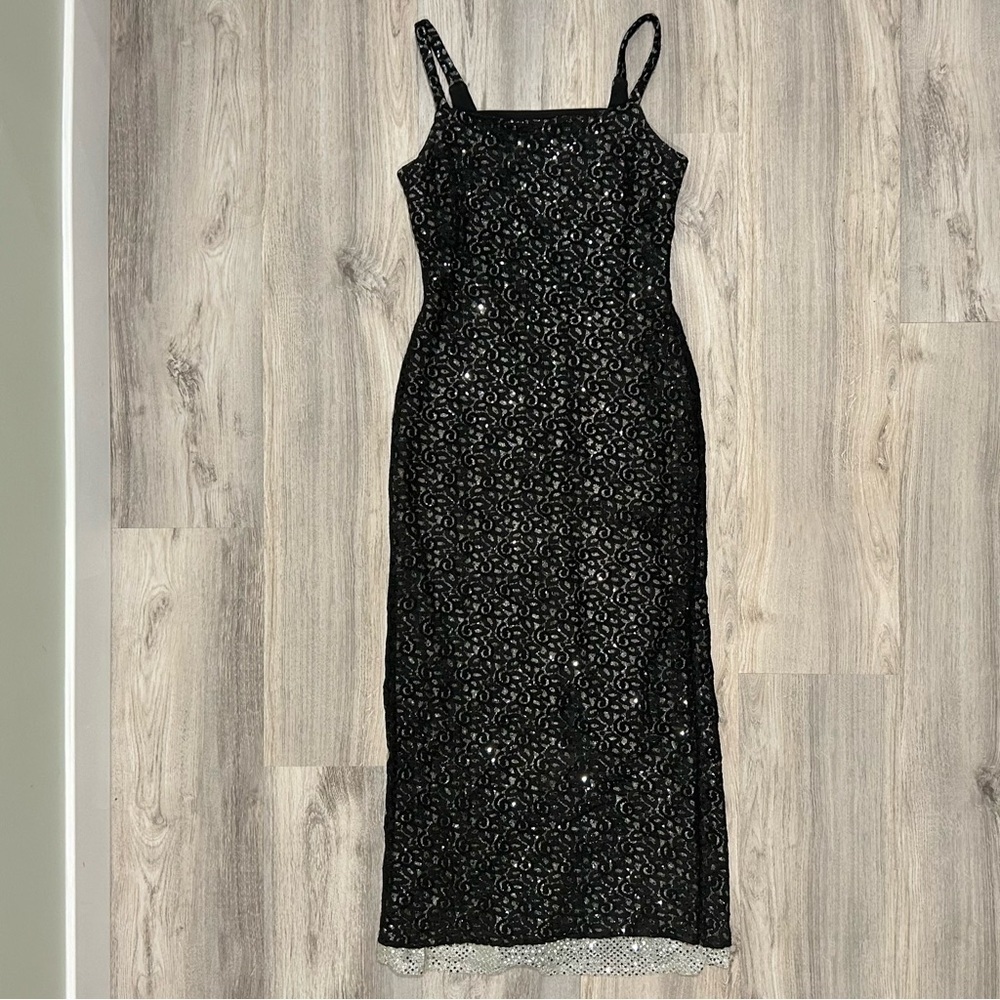 Vintage Jessica McClintock Gunne Sax Black Lace Silver Sequin Maxi Dress Size 10 - Picture 7 of 7